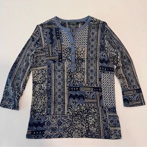 Lauren RALPH LAUREN Blue Patchwork 3/4 Sleeves Hanley Woman’s Top Cotton Size L